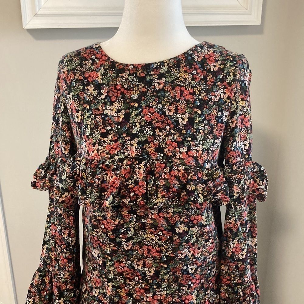 Zara Trafaluc Collection Black Floral Boho Tiered Ruffle Fall Tunic Mini Dress - Picture 5 of 16